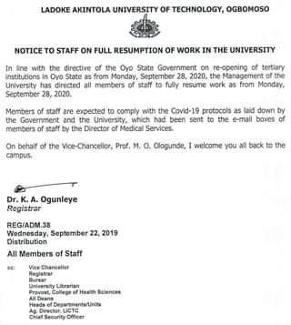 LAUTECH notice to staff on resumption