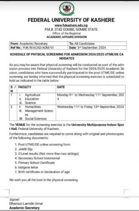 FUKASHERE schedule of physical screening exercise for applicants, 2024/2025