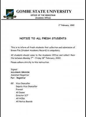 GSU notice to fresh students on collection and submission of files