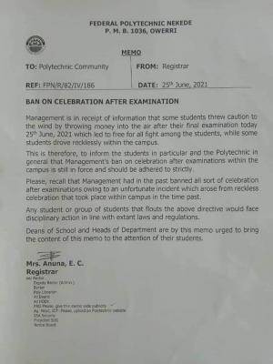 Fed Poly, Nekede bans final exam celebration