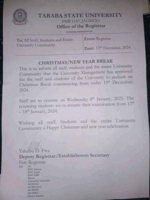 TSU notice of Christmas and New Year break