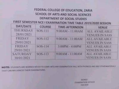 FCE Zaria 1st semester exam timetable for 2019/2020 session