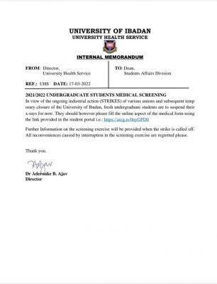 UI notice to new students on medical screening, 2021/2022