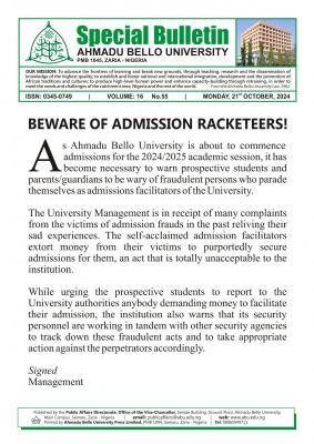 ABU warns prospective students against admission racketeers!