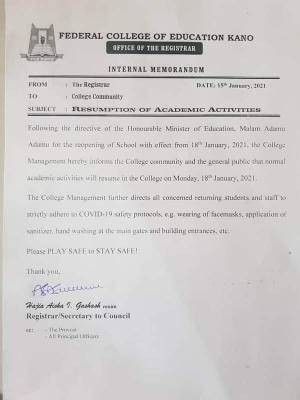 FCE Kano notice on resumption of academic activities