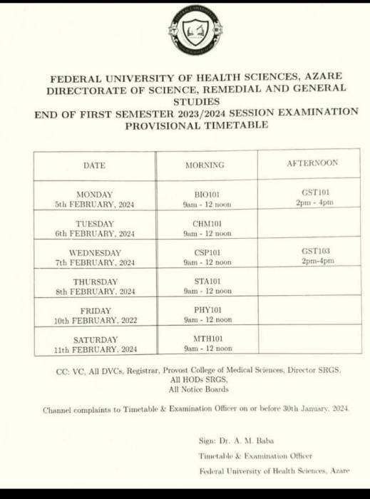 FUHSA end of first semester examination timetable, 2023/2024