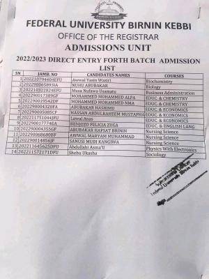 FUBK DE 4th batch admission list, 2022/2023 on school's notice board