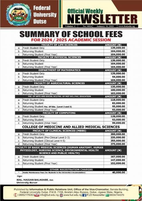 FUDutse schedule of school fees for undergraduates, 2024/2025