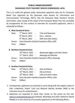 Nasarawa State Teacher's Recruitment interview schedule