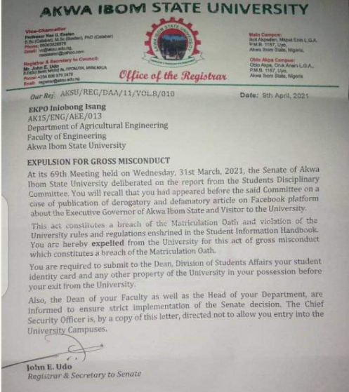 AKSU expels a final yr student over a Facebook post criticizing Gov Udom