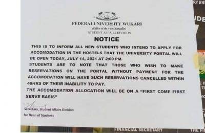 FUWUKARI notice to new students on hostel accomodation application