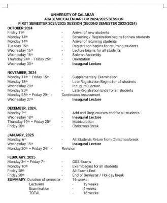 UNICAL academic calendar for 2nd semester 2023/2024 & 1st semester, 2024/2025