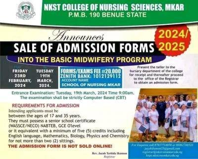 NKST college of Nursing Sciences admission into Basic Midwifery, 2024/2025