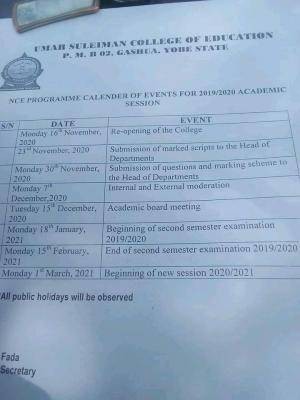 Umar Suleiman College of Education revised academic calendar for 2019/2020 session