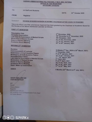 Hassan Usman Poly revised academic calendar for 2019/2020 session