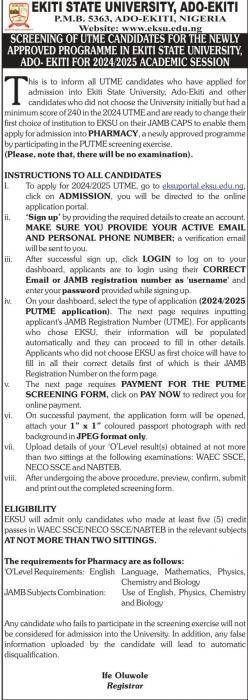 EKSU announces admission into Pharmacy for 2024/2025 session