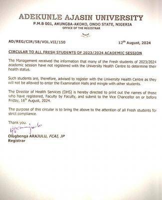 AAUA notice to fresh students admitted in 2023/2024 session