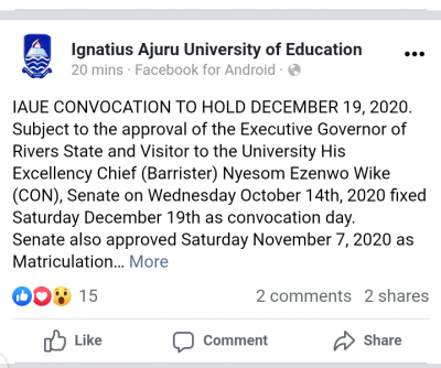 IAUE Notice on Matriculation Convocation Date for 2019/2020 session