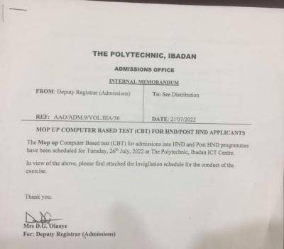 Poly Ibadan notice on mop-up CBT for HND/Post-HND applicants