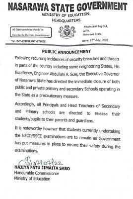 Nasarawa State Orders Closure of schools in the state