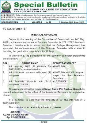 USCOEGA notice on summer semester Programme