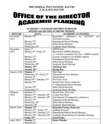 Federal Polytechnic Bauchi academic calendar for 2022/2023 & 2023/2024 academic session