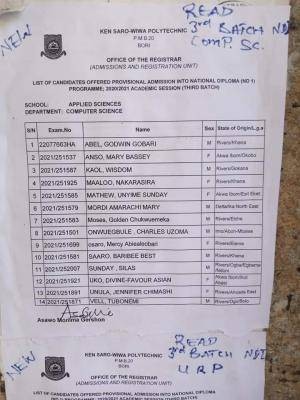 KENPOLY 3rd batch ND admission list, 2020/2021