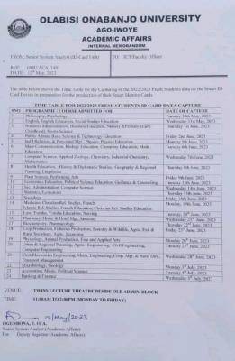 OOU adjusts schedule for fresh students' ID Card data capture