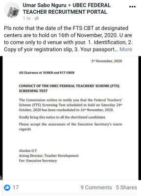 UBEC fixes the new date for the conduct of the Federal Teachers Scheme (FTS) screening test