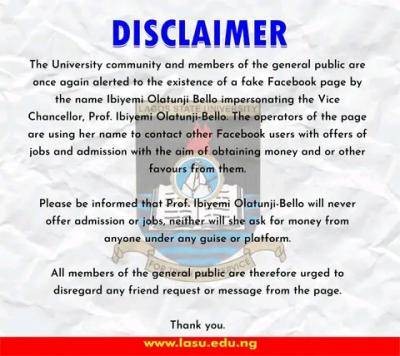 LASU alerts the general public of fake Facebook page