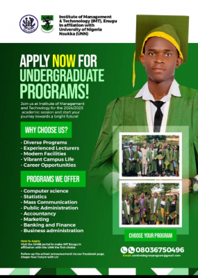 IMT in Affiliation with UNN announces admissions for undergraduate programs, 2024/2025