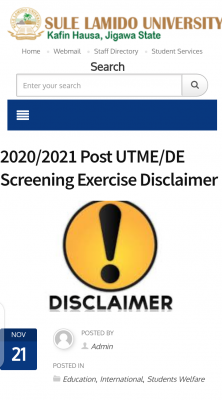 Sule Lamido University 2020/2021 Post UTME/DE disclaimer notice