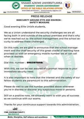 UNIZIK SUG notice to students on security