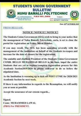 SUG of the Nuhu Bamalli Polytechnic Issues Notice to Students