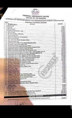 FUDutse schedule of fees for undergraduates, 2022/2023