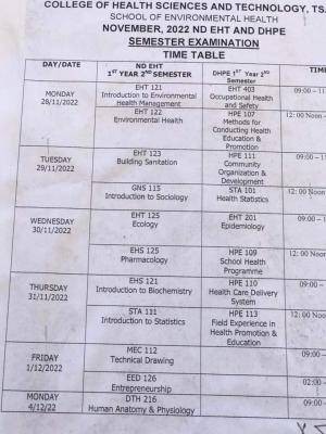 College of Health Science and Technology, Tsafe Semester examination timetable