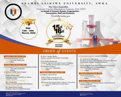 UNIZIK order of events for 15th and 16th convocation ceremony