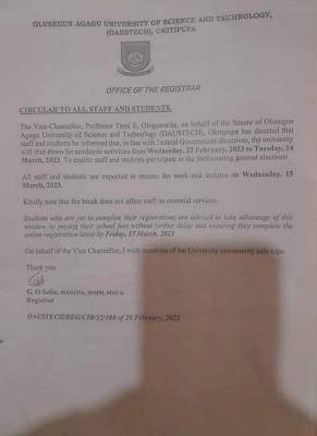 OAUSTECH notice to students yet to complete registration