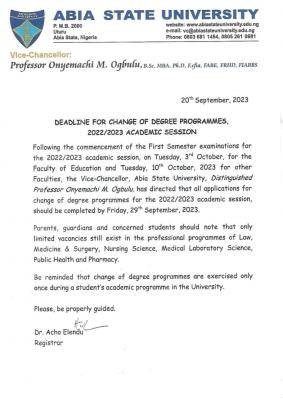 ABSU deadline for change of degree programmes, 2022/2023