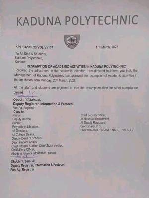 Kaduna Poly notice on resumption