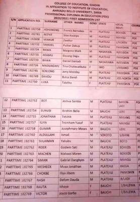 College of Education, Gindiri PDE 1st batch admission list, 2020/2021