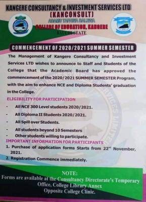 College of Education, Kangere announces commencement of summer semester program, 2020/2021