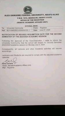 FUNAI notice on revised resumption date for 2nd semester, 2023/2024