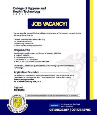 College of Hygiene & Health Tech. Iseyin announces job vacancies
