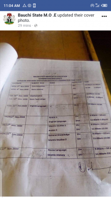 Bauchi State Ministry of Education Approved 2020 Basic Education Certificate Examination Timetable