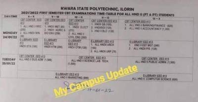 Kwara Poly first semester examination timetable, 2021/2022