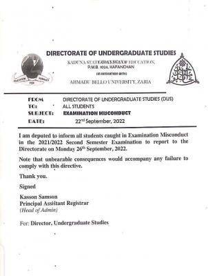 Kaduna State COE notice to students caught in exam misconduct