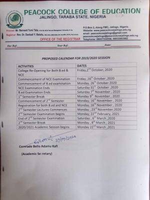 Peacock college of education proposed 2019/2020 academic calendar