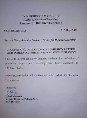 UNIMAID DLC extends deadline for collection of admission letters by new students