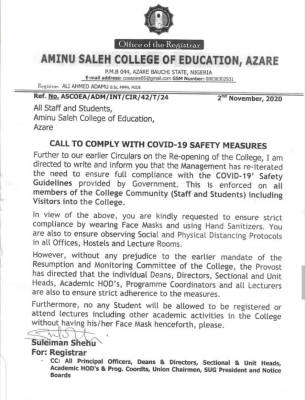 Aminu Saleh COE urges students and staff to comply with COVID-19 Safety measures